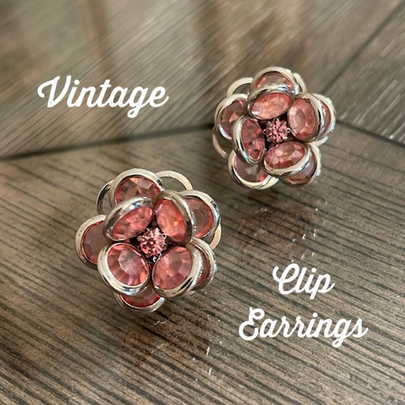 Vintage Jewelry - Vintage Pink Flower Clip Earrings with Pink Rhinestone Center